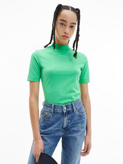 Calvin Klein Ruhák HU552927 | Calvin Klein Organic Cotton Mock Neck Női Póló Zöld